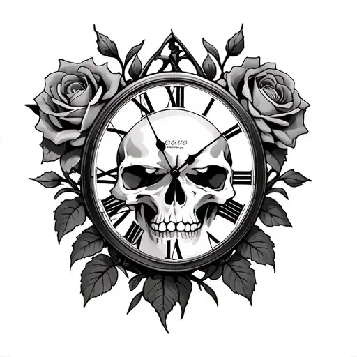 Skull Roses Gemini Clock Roman Numeral 13