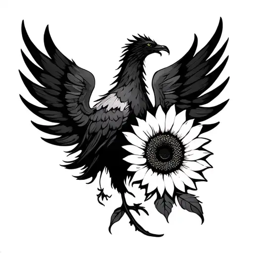 Phoenix Tattoo In Which The Sunflower And The Tail To The Brush Go Between The Wings