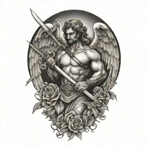 Angel Holding A Sword And Flower Background