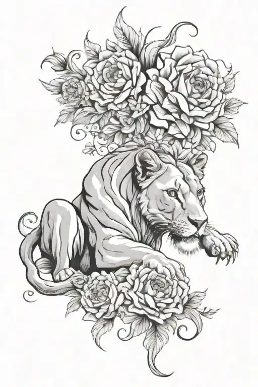 Female Lioness Climbing Upwards Looking To The Side With Flowers Swirling Around The Lions Body