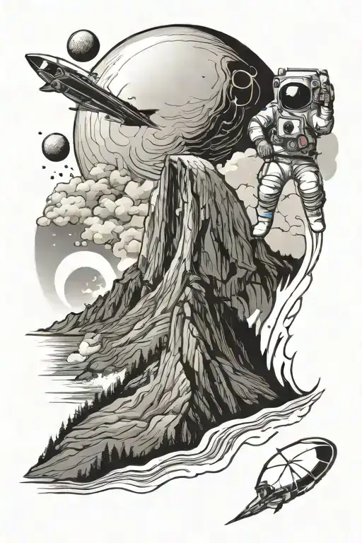 Half-dome With An Astronaut In Space Behind It And The Beach With Waves Below It