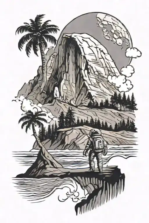 Half-dome With An Astronaut In Space Behind It And The Beach With Waves Below It With Palm Trees