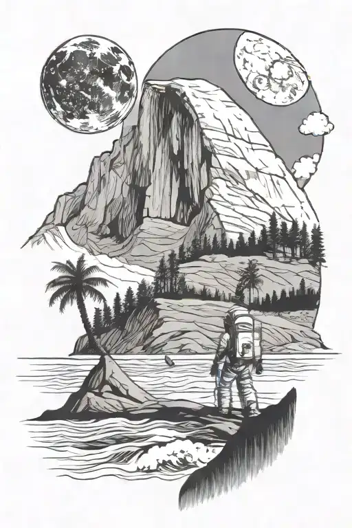 Half-dome With An Astronaut In Space Behind It And The Beach With Waves Below It With Palm Trees