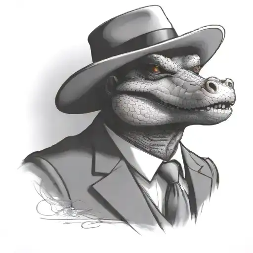 A Portrait Of A Serious Alligator Who Is Wearing A Suit And A Mafia Fedora While Smoking A Cigar