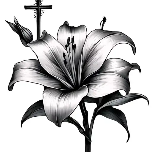 Women Lily Flower With Cross Thin Line