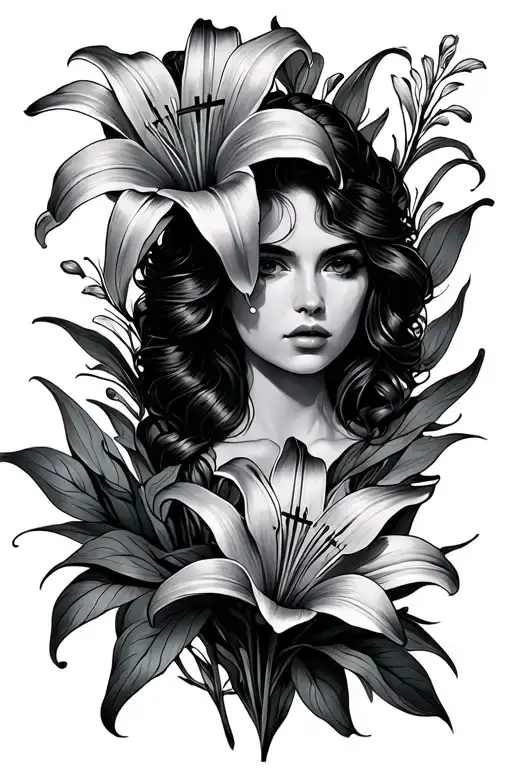 Women Lily Flower With Cross Thin Line