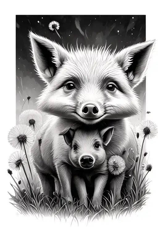 Fox And Pig Cuddling Together Surrounded By Dandelions