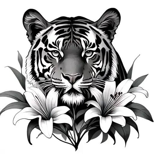 Tiger Standing With Lilies