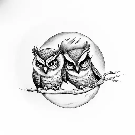 Two Owls Sitting On Crescent Moon