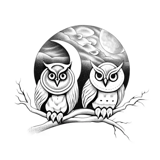 Two Owls Sitting On Crescent Moon That Turns Into A Wave