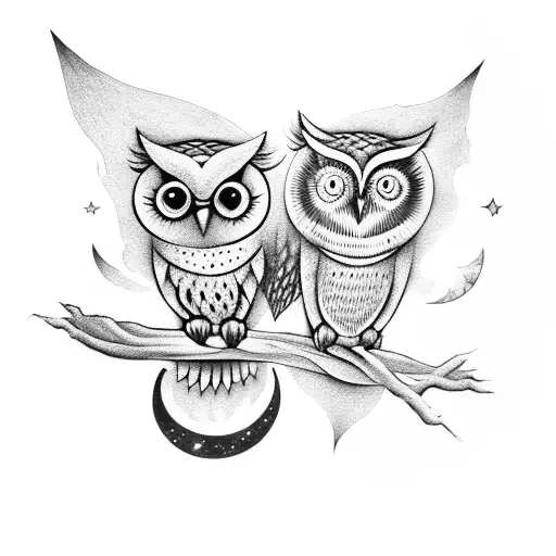 Two Owls Sitting On Crescent Moon That Turns Into A Wave