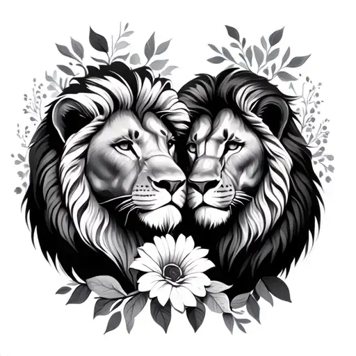 Lion Couple And Flowers