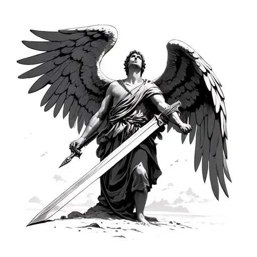 Arch Angel Michael Holding A Sword Piercing The Ground While Looking Up Towards The Sky