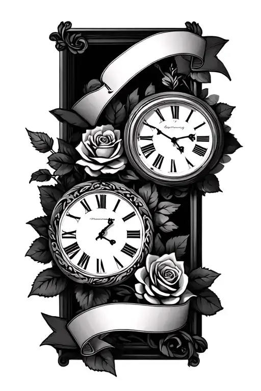 Two Clocks With Banner And A Rose Intertwined