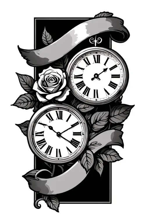 Two Clocks With Banner And A Rose Intertwined
