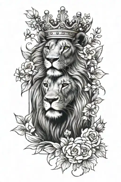 Small Lion Wearing A Crown Surrounded By Blooming Flowers