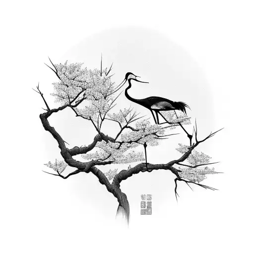Asian Crane Surrounded By Twisting Cherry Blossom Branches