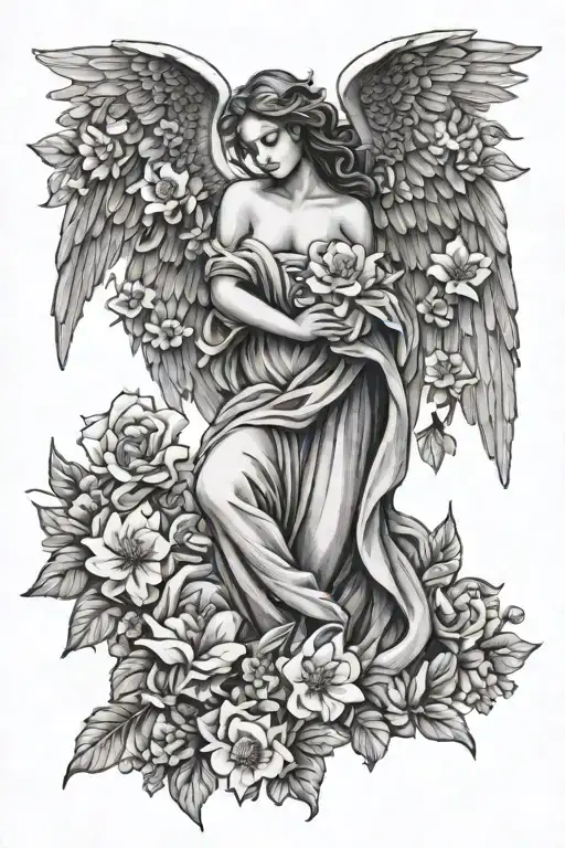 Angel With Wings Surrounded By Blooming Flowers