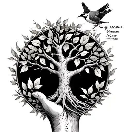 Norse Tree Of Life On Hand And Leaves As Childrens Names And A Sparrow In The Background