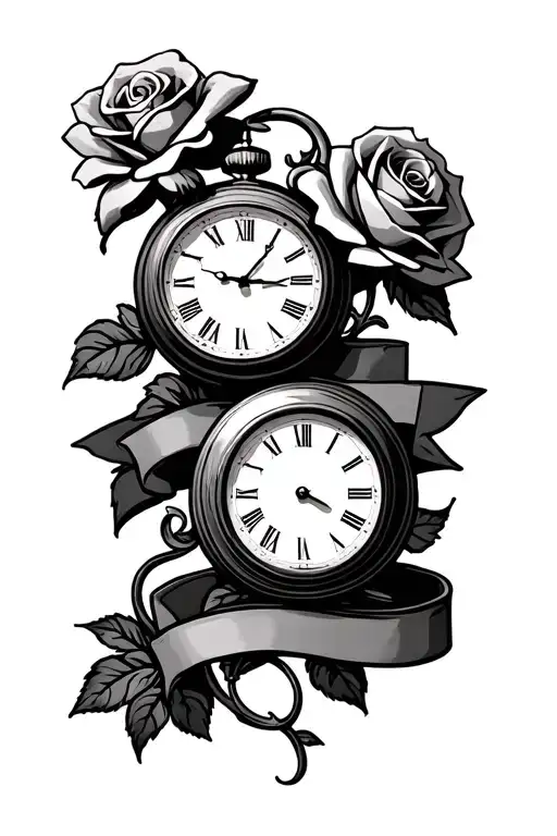 Two Clocks Stacked Together With Intertwining Banner And Rose On Left Side