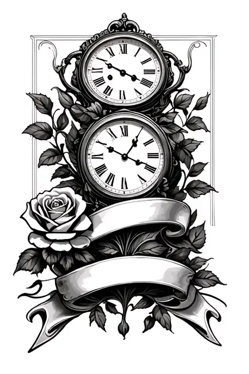 Two Clocks Stacked Together With Intertwining Banner And Rose On Left Side