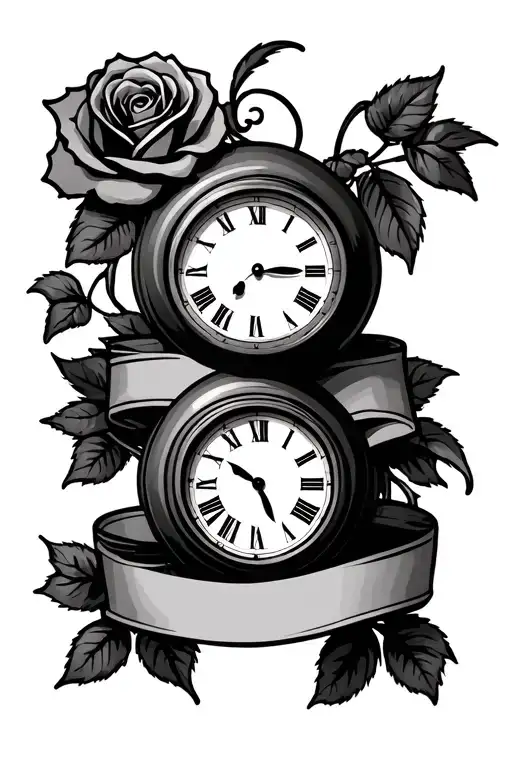 Two Clocks Stacked Together With Intertwining Banner And Rose On Left Side