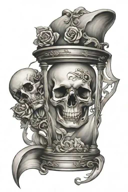 Hour Glass Sand Turns Into Skull And Bones Tattoo