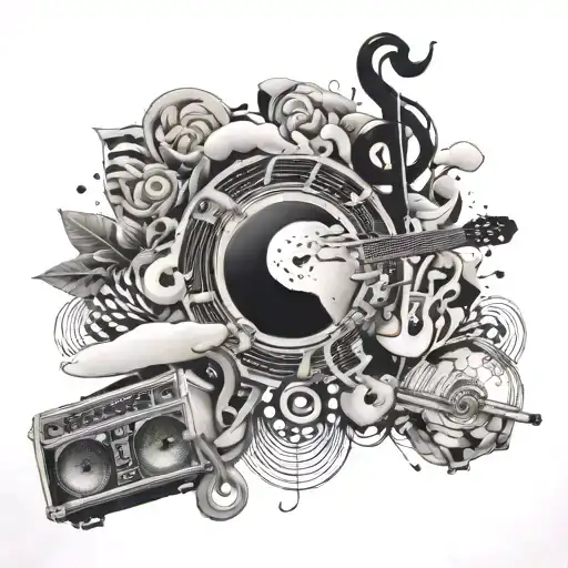 A Black-grey Tattoo Of A Music-themed Collage With Hidden Animal Shapes