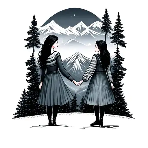Mountain Scenery With Two Girls Holding Hands
