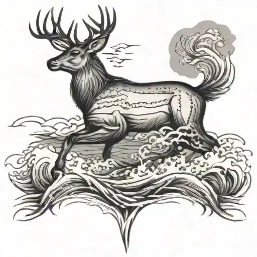 A Deer Gracefully Leaping Over Waves In The Sea With A Lighthouse In The Distance