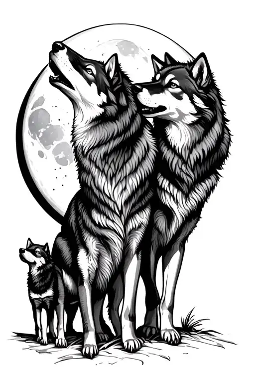 Two Wolves Standing Over Two Pups Howling At The Moon
