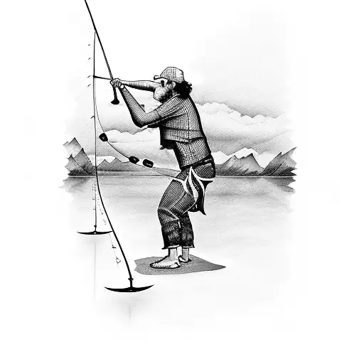 A Mystical Tattoo Of A Fisherman Casting A Line Into A Serene Lake