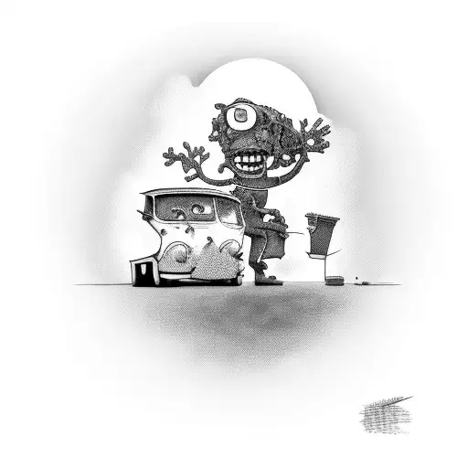 A Comical Cartoon Character Fixing An Old Car Under A Beautiful Sunset