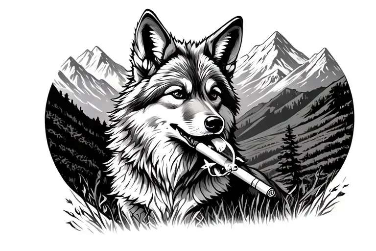 Coyote Chowing On A Cigarette With Mountains Background