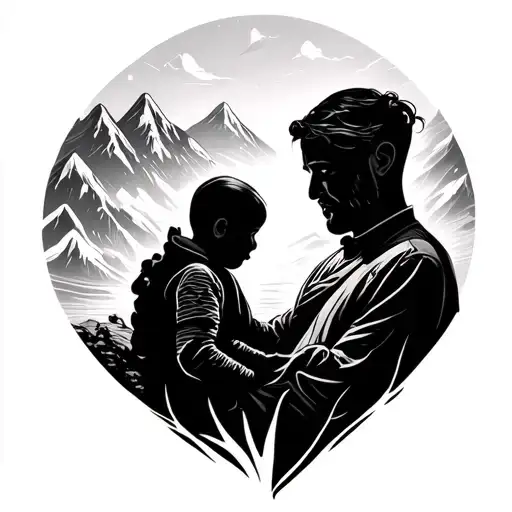 Shadow Dad With Baby Mountains Background