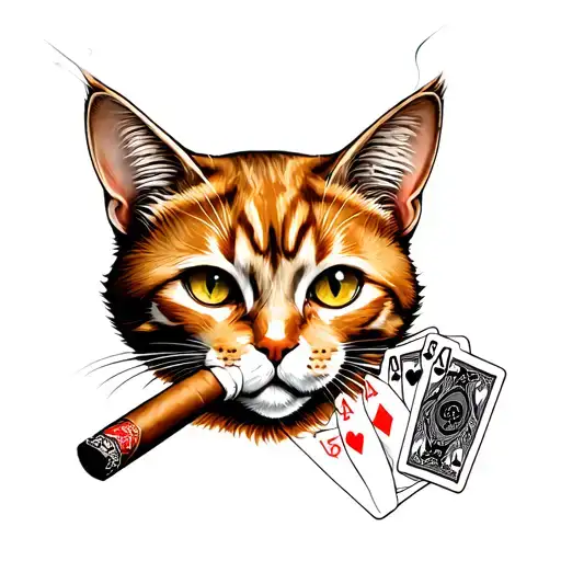 Chicano Tattoo With An Orange Cat That Smokes A Cigar And Playing Gamble