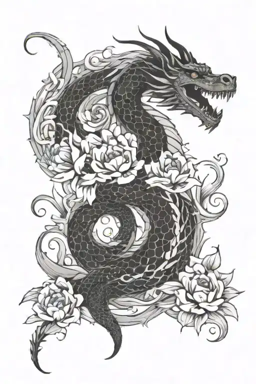 Dragon With Flowers Surrounding