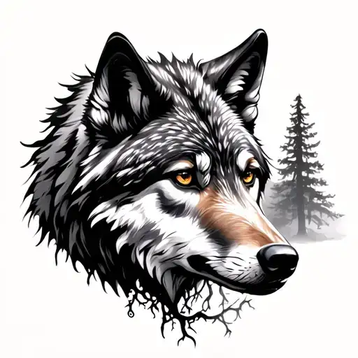 Wolf Blended With Forest And Tree Roots Going To The Wrist