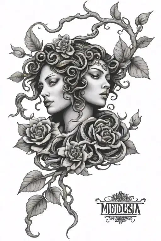 Medusa Gargona In Modern Style Flowers And Branches