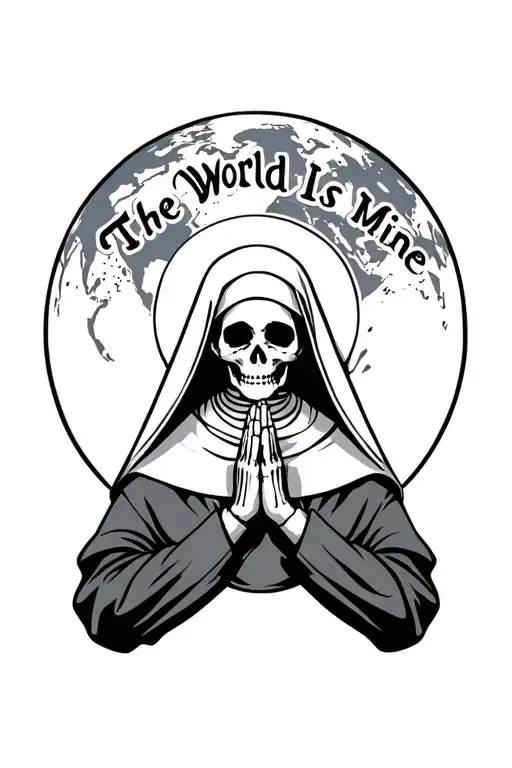 Skeleton Nun Praying Hands Holding With Words The World Is Mine With Earth Behind The Head