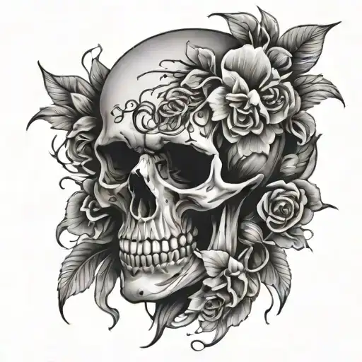 Skull With Blood And Scars With Flowers Growing