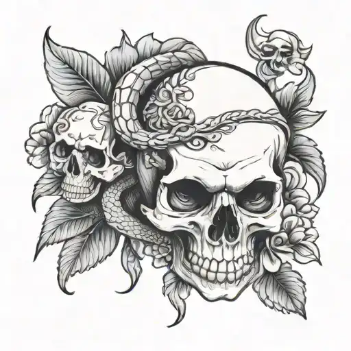 Skull A Snake And Flowers