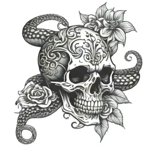 Skull A Snake And Flowers