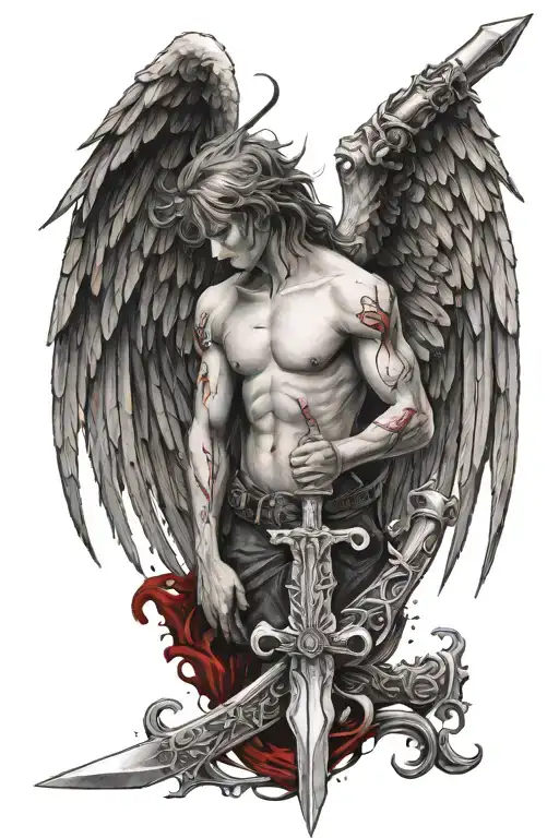 Spine Tattoo Of Angel With Bloody Wings Bearing A Sword