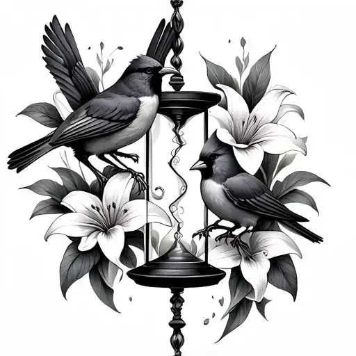 Broken Hour Glass And Cardinals Intertwined With Lilies