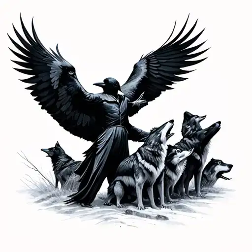 A Symphony Conductor Made Up Of Crows Directing A Group Of Howling Wolves