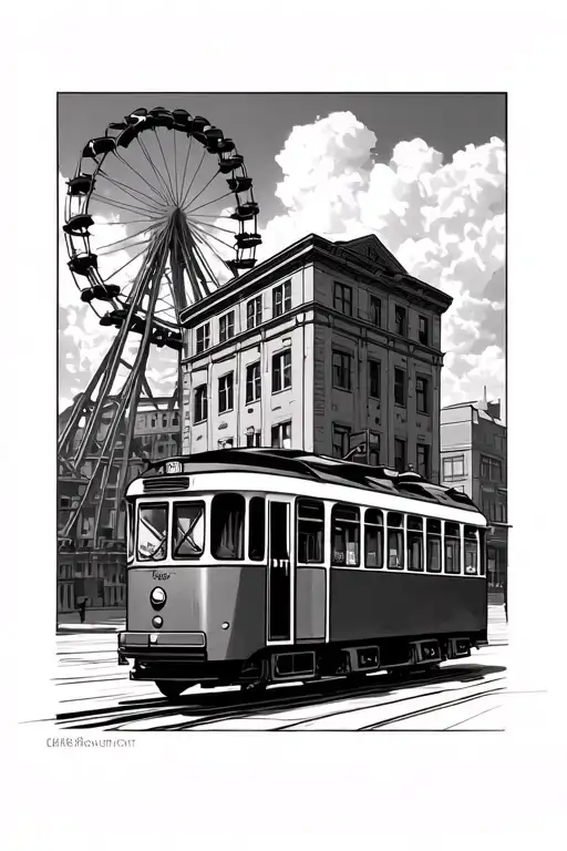 Trolly Infront Of A Building With A Rollercoaster In The Background