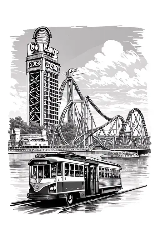 Trolly Infront Of A Casino With A Rollercoaster In The Background On The River