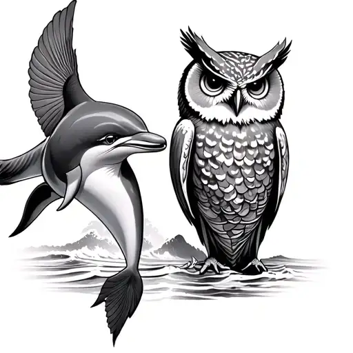 Dolphin And Owl In A Beach Setting With Waves