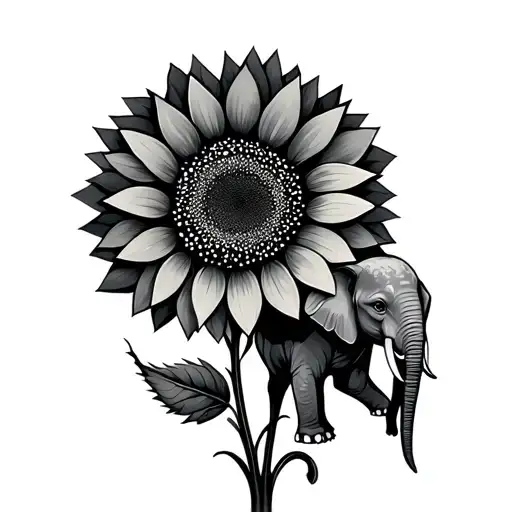 Geometric Sunflower Tattoo With A Small Elephant Holding The Stem